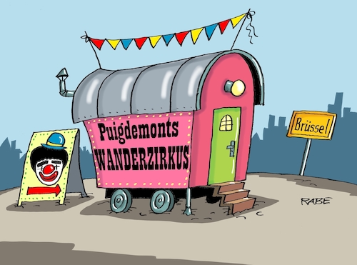 Cartoon: Wanderzirkus (medium) by RABE tagged katalanen,unabhängigkeit,spanien,madrid,putsch,barcelona,puigdemont,rabe,ralf,böhme,cartoon,karikatur,pressezeichnung,farbcartoon,tagescartoon,daumenschrauben,unabhängigkeitserklärung,exil,brüssel,gerichtsverfahren,haft,zirkus,wanderzirkus,clown,belgienm,katalanen,unabhängigkeit,spanien,madrid,putsch,barcelona,puigdemont,rabe,ralf,böhme,cartoon,karikatur,pressezeichnung,farbcartoon,tagescartoon,daumenschrauben,unabhängigkeitserklärung,exil,brüssel,gerichtsverfahren,haft,zirkus,wanderzirkus,clown,belgienm