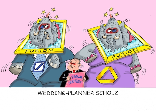 Cartoon: Wedding Planner (medium) by RABE tagged nahles,spd,sozialdemokraten,groko,umfragetief,scholz,rabe,ralf,böhme,cartoon,karikatur,pressezeichnung,farbcartoon,tagescartoon,ruine,koalition,koalitionsvetrag,olaf,finanzminister,fusion,deutesche,bank,banken,hochzeit,wedding,commerzbank,scheitern,traumhochzeit,großbanken,bankenfusion,elefantenhochzeit,nahles,spd,sozialdemokraten,groko,umfragetief,scholz,rabe,ralf,böhme,cartoon,karikatur,pressezeichnung,farbcartoon,tagescartoon,ruine,koalition,koalitionsvetrag,olaf,finanzminister,fusion,deutesche,bank,banken,hochzeit,wedding,commerzbank,scheitern,traumhochzeit,großbanken,bankenfusion,elefantenhochzeit