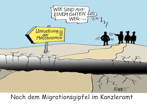 Cartoon: Wegweiser (medium) by RABE tagged ampelregierung,scholz,spd,grüne,fdp,lindner,kinder,kindergrundsicherung,rabe,ralf,böhme,cartoon,karikatur,pressezeichnung,farbcartoon,tagescartoon,hausmeister,ohren,zähne,besen,gipfel,migration,migrationsgipfel,kanzleramt,flüchtlinge,abschiebung,grenzkontrollen,schlucht,spalt,weg,ampelregierung,scholz,spd,grüne,fdp,lindner,kinder,kindergrundsicherung,rabe,ralf,böhme,cartoon,karikatur,pressezeichnung,farbcartoon,tagescartoon,hausmeister,ohren,zähne,besen,gipfel,migration,migrationsgipfel,kanzleramt,flüchtlinge,abschiebung,grenzkontrollen,schlucht,spalt,weg