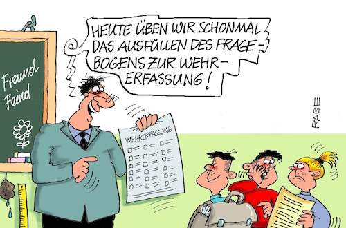 Cartoon: Wehrdienst (medium) by RABE tagged merz,union,kanzler,fritze,koalition,spd,klingbeil,bundesregierung,rabe,ralf,böhme,cartoon,karikatur,pressezeichnung,farbcartoon,tagescartoon,trump,putin,krisen,tv,nachrichten,waschmaschine,pistorius,wehrdienst,wehrerfassung,fragebogen,schule,schüler,lehrer,soldat,wehrdienstgesetz,merz,union,kanzler,fritze,koalition,spd,klingbeil,bundesregierung,rabe,ralf,böhme,cartoon,karikatur,pressezeichnung,farbcartoon,tagescartoon,trump,putin,krisen,tv,nachrichten,waschmaschine,pistorius,wehrdienst,wehrerfassung,fragebogen,schule,schüler,lehrer,soldat,wehrdienstgesetz