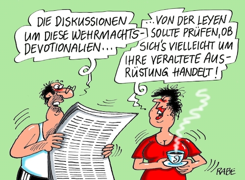 Cartoon: Wehrmachtsdevotionalien (medium) by RABE tagged wehrmacht,bundeswehr,bundeswehrskandal,soldaten,kasernen,rechte,nazi,verteidigungsministerin,uschi,ursula,von,der,leyen,pauschalverurteilung,gewehre,waffen,ausrüstung,rabe,ralf,böhme,cartoon,karikatur,pressezeichnung,farbcartoon,tagescartoon,verlterung,schrott,rücktritt,oberleutnant,wehrmacht,bundeswehr,bundeswehrskandal,soldaten,kasernen,rechte,nazi,verteidigungsministerin,uschi,ursula,von,der,leyen,pauschalverurteilung,gewehre,waffen,ausrüstung,rabe,ralf,böhme,cartoon,karikatur,pressezeichnung,farbcartoon,tagescartoon,verlterung,schrott,rücktritt,oberleutnant