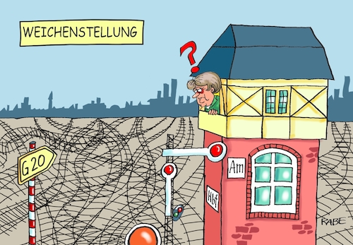 Cartoon: Weichenstellerin (medium) by RABE tagged hamburg,sturmflut,zwanzig,gipfel,militante,linke,linksextremisten,rabe,ralf,böhme,cartoon,karikatur,pressezeichnung,farbcartoon,tagescartoon,welle,gewalt,innenminister,merkel,kanzlerin,stattenlenker,putin,erdogan,trump,elbe,hansestadt,polizei,stellwerk,weichen,zug,bahn,signal,weichenstellung,gleise,schienen,hamburg,sturmflut,zwanzig,gipfel,militante,linke,linksextremisten,rabe,ralf,böhme,cartoon,karikatur,pressezeichnung,farbcartoon,tagescartoon,welle,gewalt,innenminister,merkel,kanzlerin,stattenlenker,putin,erdogan,trump,elbe,hansestadt,polizei,stellwerk,weichen,zug,bahn,signal,weichenstellung,gleise,schienen