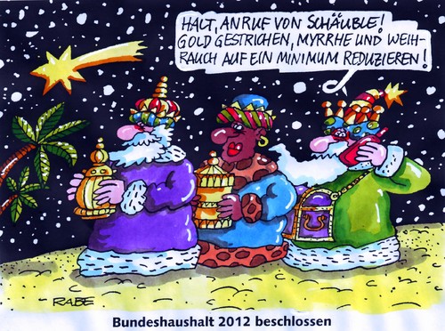 Cartoon: Weihgeräuchertes (medium) by RABE tagged bundeshaushalt,haushaltsdebatte,debatte,haushalt,finanzminister,schäuble,cdu,koalition,schwarzgelb,kanzlerin,merkel,einsparung,kürzungen,schulden,schuldenbremse,euro,krise,kabinett,bundesregierung,finanzchefs,kommunen,weihnachten,weihnachtsgeschichte,gold,weihrauch,myrrhe,bethlehem,stern,sternschnuppe,jesus,jesuskind,geburt,bibel,geschenke,ninimum,reduzierung,beschluss,bundeshaushalt,haushaltsdebatte,debatte,haushalt,schäuble,finanzminister