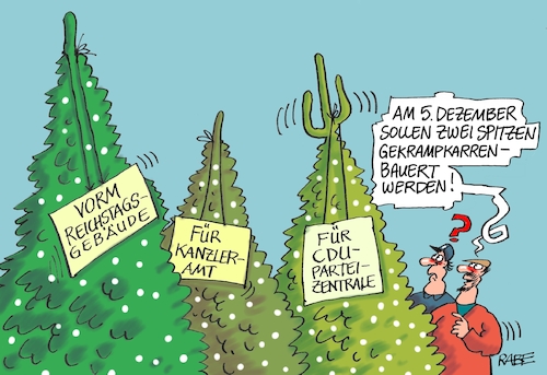 Cartoon: Weihnachtsbaum II (medium) by RABE tagged weihnachten,weihnachtsbäume,kanzleramt,parteizentrale,cdu,reichstagsgebäude,parteispitzenrabe,ralf,böhme,cartoon,karikatur,pressezeichnung,farbcartoon,tagescartoon,akk,krampkarrenbauer,spahn,merz,weihnachten,weihnachtsbäume,kanzleramt,parteizentrale,cdu,reichstagsgebäude,parteispitzenrabe,ralf,böhme,cartoon,karikatur,pressezeichnung,farbcartoon,tagescartoon,akk,krampkarrenbauer,spahn,merz