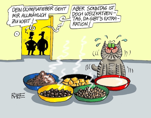 Cartoon: Weltkatzentagtägliches (medium) by RABE tagged olympiade,sport,tokio,japan,sportler,olympiafeuer,feuer,flamme,rabe,ralf,böhme,cartoon,karikatur,pressezeichnung,farbcartoon,tagescartoon,fechter,säbel,degen,florett,spieß,corona,virus,deltavirus,katzen,katze,kater,kätzchen,samtpfoten,samtpfötchen,stubentiger,weltkatzentag,tierschutz,katzenfutter,nassfutter,trockenfutter,olympiaringe,fressnäpfe,fressnapf,futterschale,futterschälchen,tiere,feiertage,holiday,olympiade,sport,tokio,japan,sportler,olympiafeuer,feuer,flamme,rabe,ralf,böhme,cartoon,karikatur,pressezeichnung,farbcartoon,tagescartoon,fechter,säbel,degen,florett,spieß,corona,virus,deltavirus,katzen,katze,kater,kätzchen,samtpfoten,samtpfötchen,stubentiger,weltkatzentag,tierschutz,katzenfutter,nassfutter,trockenfutter,olympiaringe,fressnäpfe,fressnapf,futterschale,futterschälchen,tiere,feiertage,holiday