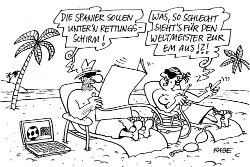 Cartoon: Weltmeister (medium) by RABE tagged spanien,madrid,euro,schuldenkrise,eu,brüssel,rettungsschirm,griechenland,fiskalpakt,eurobonds,rettungspaket,bankenchefs,finanzchefs,em,europameisterschaft,fussballeuropameisterschaft,ukraine,kiew,polen,nationalelf,nationalmannschaft,merkel,kanzlerin,cdu,weltmeister,fußball,fussballturnier,tor,schiedsrichter,strand,ehepaar,küste,sommer,sonne,meer,palmen,liege,spanien,euro,schuldenkrise,brüssel,rettungsschirm,griechenland,fiskalpakt,eurobonds,rettungspaket