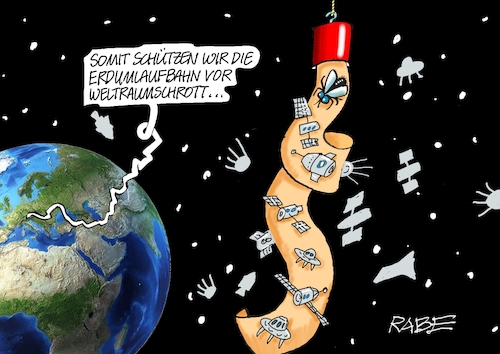 Cartoon: Weltraumschrott (medium) by RABE tagged erde,erdumlaufbahn,raketen,raumstationen,weltall,weltraum,erdball,weltraumschrott,schrott,sateliten,rabe,ralf,böhme,cartoon,karikatur,pressezeichnung,farbcartoon,tagescartoon,all,fliege,fliegenfänger,leim,raumstation,is,erde,erdumlaufbahn,raketen,raumstationen,weltall,weltraum,erdball,weltraumschrott,schrott,sateliten,rabe,ralf,böhme,cartoon,karikatur,pressezeichnung,farbcartoon,tagescartoon,all,fliege,fliegenfänger,leim,raumstation,is