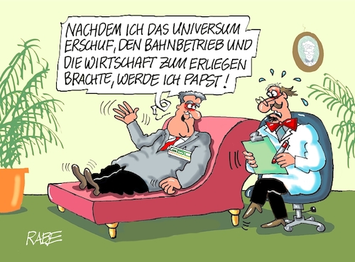 Cartoon: Weselsky liegt flach (medium) by RABE tagged bahn,db,bahnkunden,fahrpreis,fahrpreiserhöhung,rabe,ralf,böhme,cartoon,karikatur,pressezeichnung,farbcartoon,tagescartoon,schnellzug,bahnticket,schlusslicht,passagiere,bahnreisende,bahnstreik,weselsky,couch,psychiater,gott,bibel,erschaffung,welt,erde,all,universum,bahn,db,bahnkunden,fahrpreis,fahrpreiserhöhung,rabe,ralf,böhme,cartoon,karikatur,pressezeichnung,farbcartoon,tagescartoon,schnellzug,bahnticket,schlusslicht,passagiere,bahnreisende,bahnstreik,weselsky,couch,psychiater,gott,bibel,erschaffung,welt,erde,all,universum