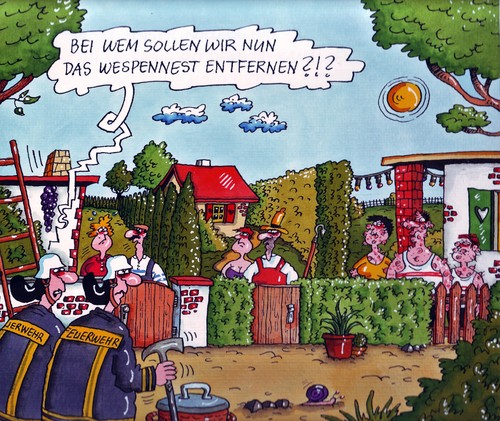 Cartoon: Wespennest (medium) by RABE tagged wespen,insekten,wespennest,hornissen,feuerwehr,rettungseinsatz,feuerwache,freiwilligefeuerwehr,leiter,rettungsseil,führungsseil,bienenstich,wespenstich,insektenstich,stachel,arzt,notarzt,notruf,leitzentrale,gartenanlage,garten,kleingärtner,familei,mann,frau,kind,beulen,einstiche,allergie,schwellungen,kühlung,schlupfwespen,insektenforscher,wespenjagd,hautflügler,wespen,insekten,wespennest,hornissen,rettungseinsatz,feuerwache,freiwilligefeuerwehr