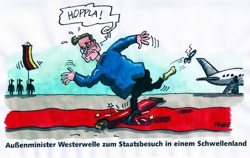 Cartoon: Westerwelle stürzt (medium) by RABE tagged außenminister,auslandsbesuch,westerwelle,fdp,geld,euro,steuern,roter,teppich,ehrengarde,empfangskomitee,deutschlandflagge,ehrenkompanie,flugzeug,flugplatz,holzbalken,holzschwelle,türschwelle,stolpern,stürzen,fallen,militärischer,empfank,salut,hoppla,gangwaystaatsbesuch,diplomaten,außenminister,auslandsbesuch,guido westerwelle,geld,euro,steuern,empfangskomitee,ehrengarde,teppich,guido,westerwelle