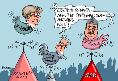 Cartoon: Wetterhähne (medium) by RABE tagged spd,csu,cdu,kanzlerin,merkel,farbcartoon,pressezeichnung,karikatur,cartoon,böhme,ralf,rabe,amtszeit,unterstützung,frühjahr,bundestagswahl,frage,kanzlerkandidatur,seehofer,gabriel,wetterhahn,kirchturmspitze,kanzleramt,kirchturm,tagescartoon,merkel,kanzlerin,cdu,csu,spd,gabriel,seehofer,kanzlerkandidatur,frage,bundestagswahl,frühjahr,unterstützung,amtszeit,rabe,ralf,böhme,cartoon,karikatur,pressezeichnung,farbcartoon,tagescartoon,kirchturm,kanzleramt,kirchturmspitze,wetterhahn