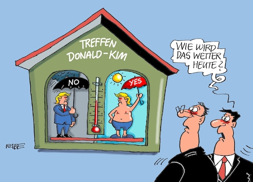 Cartoon: Wetterhäusliches (medium) by RABE tagged donald,trump,usa,us,president,washington,botschaften,länder,hauptstädte,rabe,ralf,böhme,cartoon,karikatur,pressezeichnung,farbcartoon,tagescartoon,treffen,kim,nordkorea,spitzentreffen,südkorea,atomtests,wetterhaus,sonnenschein,regen,yes,no,wetterbericht,vorbereitung,delegation,donald,trump,usa,us,president,washington,botschaften,länder,hauptstädte,rabe,ralf,böhme,cartoon,karikatur,pressezeichnung,farbcartoon,tagescartoon,treffen,kim,nordkorea,spitzentreffen,südkorea,atomtests,wetterhaus,sonnenschein,regen,yes,no,wetterbericht,vorbereitung,delegation