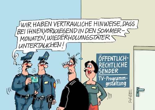 Cartoon: Wiederholungstäter II (medium) by RABE tagged merz,union,kanzler,fritze,koalition,spd,klingbeil,bundesregierung,rabe,ralf,böhme,cartoon,karikatur,pressezeichnung,farbcartoon,tagescartoon,fett,fettnapf,drecksarbeit,tv,fernsehprogramm,sendet,öfentlichrechtliche,programmgestalter,polizei,fahndung,wiederholungen,wiederholungstäter,unterschlupf,kriminelle,täter,sommer,merz,union,kanzler,fritze,koalition,spd,klingbeil,bundesregierung,rabe,ralf,böhme,cartoon,karikatur,pressezeichnung,farbcartoon,tagescartoon,fett,fettnapf,drecksarbeit,tv,fernsehprogramm,sendet,öfentlichrechtliche,programmgestalter,polizei,fahndung,wiederholungen,wiederholungstäter,unterschlupf,kriminelle,täter,sommer