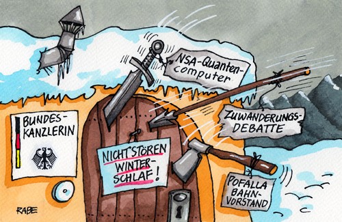 Cartoon: Winterruhe (medium) by RABE tagged kanzlerin,merkel,cdu,bundeskanzlerin,ruhe,schlaf,winter,schnee,winterruhe,winterschlaf,pofalla,bahnvorstand,wechsel,vorstandsgehälter,kanzleramt,kanzleramtsminister,nsa,rabe,ralf,böhme,cartoon,karikatur,pressezeichnung,farbcartoon,spähprogramm,spionage,snowden,geheimdienste,ausspähaffäre,internet,daten,abhöraffäre,csu,seehofer,ausländerdebatte,rumänen,bulgaren,arbeitsmarkt,bayern,quantencomputer,ausspähung,supercomputer,verschlüsselung,banken,regierung,euro,eu,brüssel,vorstandsposten,bahn,bundesbahn,armut,armutszuwanderer,kanzlerin,merkel,cdu,bundeskanzlerin,ruhe,schlaf,winter,schnee,winterruhe,winterschlaf,pofalla,bahnvorstand,wechsel,vorstandsgehälter,kanzleramt,kanzleramtsminister,nsa,rabe,ralf,böhme,cartoon,karikatur,pressezeichnung,farbcartoon,spähprogramm,spionage,snowden,geheimdienste,ausspähaffäre,internet,daten,abhöraffäre,csu,seehofer,ausländerdebatte,rumänen,bulgaren,arbeitsmarkt,bayern,quantencomputer,ausspähung,supercomputer,verschlüsselung,banken,regierung,euro,eu,brüssel,vorstandsposten,bahn,bundesbahn,armut,armutszuwanderer