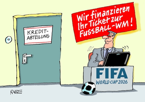 Cartoon: WM Ticket (medium) by RABE tagged fußball,nagelsmann,spieler,wm,kader,usa,ball,sport,tor,spielfeld,schiedsrichter,videobeweis,rabe,ralf,böhme,cartoon,karikatur,pressezeichnung,farbcartoon,tagescartoon,hund,bundesliga,ballaballa,kredit,kreditabteilung,finanzierung,eintrittskarte,kreditberater,ticket,fifa,world,cup,fußball,nagelsmann,spieler,wm,kader,usa,ball,sport,tor,spielfeld,schiedsrichter,videobeweis,rabe,ralf,böhme,cartoon,karikatur,pressezeichnung,farbcartoon,tagescartoon,hund,bundesliga,ballaballa,kredit,kreditabteilung,finanzierung,eintrittskarte,kreditberater,ticket,fifa,world,cup