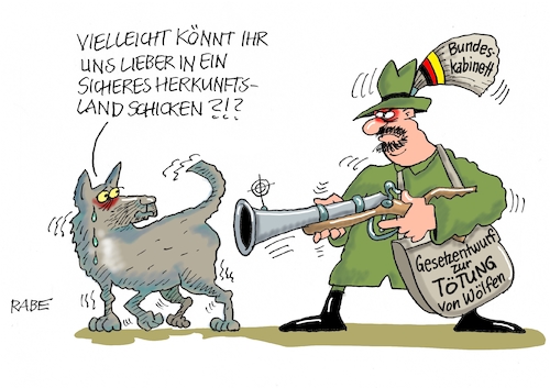 Cartoon: Wolfsrudel (medium) by RABE tagged bundeskabinett,beschluß,kabinettsbeschluss,gesetzesvorschlag,gesetz,rabe,ralf,böhme,cartoon,karikatur,pressezeichnung,farbcartoon,tagescartoon,jäger,flinte,bockflinte,gewehr,bühse,tötung,entnahme,wolfsrudel,wölfe,riss,naturschutzgesetz,bundeskabinett,beschluß,kabinettsbeschluss,gesetzesvorschlag,gesetz,rabe,ralf,böhme,cartoon,karikatur,pressezeichnung,farbcartoon,tagescartoon,jäger,flinte,bockflinte,gewehr,bühse,tötung,entnahme,wolfsrudel,wölfe,riss,naturschutzgesetz