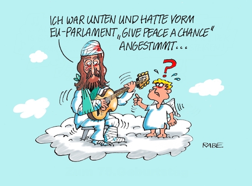 Cartoon: Wolke Neun (medium) by RABE tagged kampfpanzer,leopard,abrams,marder,usa,deutschland,ukraine,ukrainekrieg,rabe,ralf,böhme,cartoon,karikatur,pressezeichnung,farbcartoon,tagescartoon,reiter,leopardenfell,pistorius,panzerlieferung,eu,selenskyj,john,lennon,beatles,give,peace,chance,singer,wolke,engel,parlament,kampfpanzer,leopard,abrams,marder,usa,deutschland,ukraine,ukrainekrieg,rabe,ralf,böhme,cartoon,karikatur,pressezeichnung,farbcartoon,tagescartoon,reiter,leopardenfell,pistorius,panzerlieferung,eu,selenskyj,john,lennon,beatles,give,peace,chance,singer,wolke,engel,parlament