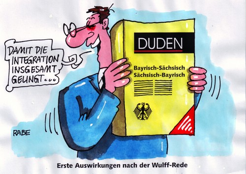 Cartoon: Wulff-Rede (medium) by RABE tagged wulff,rede,integration,islam,duden,sachsen,bayern,bildung,christian wulff,rede,integration,islam,duden,sachsen,bayern,bildung,wissen,schule,christian,wulff