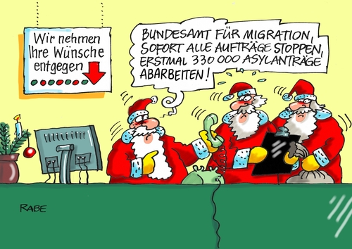 Cartoon: Wunschdenken (medium) by RABE tagged wunschzettel,bundesamt,migtation,migranten,flüchtlinge,flüchtlingskrise,asyl,asylanten,asylverfahren,bürokratie,integration,abschiebung,rabe,ralf,böhme,cartoon,karikatur,pressezeichnung,farbcartoon,tagescartoon,weihnachten,weihnachtsmann,weihnachtsfest,geschenke,bescherung,wunschzettel,bundesamt,migtation,migranten,flüchtlinge,flüchtlingskrise,asyl,asylanten,asylverfahren,bürokratie,integration,abschiebung,rabe,ralf,böhme,cartoon,karikatur,pressezeichnung,farbcartoon,tagescartoon,weihnachten,weihnachtsmann,weihnachtsfest,geschenke,bescherung