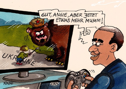 Cartoon: XBOX (medium) by RABE tagged ukraine,ukrainekrise,russland,pution,prorussland,sebaratisten,russen,merkel,kanzlerin,ukrainebesuch,kiew,soforthilfe,rabe,ralf,böhme,cartoon,karikatur,pressezeichnung,farbcartoon,tagescartoon,mumm,angie,kurzbesuch,xbox,nitendo,playstation,computerspiele,bär,fernbedienung,luganst,hilfskonvoi,obama,usa,deutschland,eu,ukraine,ukrainekrise,russland,pution,prorussland,sebaratisten,russen,merkel,kanzlerin,ukrainebesuch,kiew,soforthilfe,rabe,ralf,böhme,cartoon,karikatur,pressezeichnung,farbcartoon,tagescartoon,mumm,angie,kurzbesuch,xbox,nitendo,playstation,computerspiele,bär,fernbedienung,luganst,hilfskonvoi,obama,usa,deutschland,eu