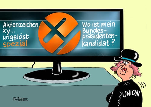 Cartoon: XY ungelöst (medium) by RABE tagged bundespräsident,gauck,nachfolger,bundespräsidentenwahl,kandidat,nachfolgekandidat,steinmeier,merkel,union,spd,gabriel,bellevue,rabe,ralf,böhme,cartoon,karikatur,pressezeichnung,farbcartoon,tagescartoon,rudi,zerne,zdf,aktenzeichen,xy,ungelöst,bundespräsident,gauck,nachfolger,bundespräsidentenwahl,kandidat,nachfolgekandidat,steinmeier,merkel,union,spd,gabriel,bellevue,rabe,ralf,böhme,cartoon,karikatur,pressezeichnung,farbcartoon,tagescartoon,rudi,zerne,zdf,aktenzeichen,xy,ungelöst