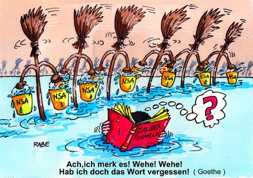 Cartoon: Zauberlehrling (medium) by RABE tagged nsa,geheimdienste,usa,ausspähen,abhören,merkel,kanzlerin,cdu,obama,präsident,abhörskandal,handy,smartphone,besen,wasser,eimer,goethe,zauberlehrling,rabe,ralf,böhme,cartoon,karikatur,pressezeichnung,farbcartoon,lauschangriff,geheimdienst,empörung,ausspionieren,mobiltelefon,bundeskanzlerin,überwachung,vertrauensbruch,nsa,geheimdienste,usa,ausspähen,abhören,merkel,kanzlerin,cdu,obama,präsident,abhörskandal,handy,smartphone,besen,wasser,eimer,goethe,zauberlehrling,rabe,ralf,böhme,cartoon,karikatur,pressezeichnung,farbcartoon,lauschangriff,geheimdienst,empörung,ausspionieren,mobiltelefon,bundeskanzlerin,überwachung,vertrauensbruch