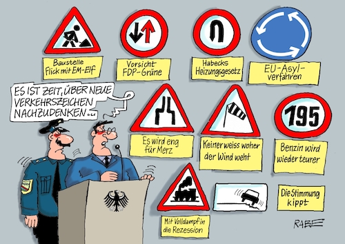 Cartoon: Zeichen der Zeit (medium) by RABE tagged verkehrszeichen,verkehrsschilder,rabe,ralf,böhme,cartoon,karikatur,pressezeichnung,farbcartoon,tagescartoon,habecl,lindner,scheuer,merz,heizungsgesetz,eu,asylverfahren,flick,fussball,rezession,verkehrszeichen,verkehrsschilder,rabe,ralf,böhme,cartoon,karikatur,pressezeichnung,farbcartoon,tagescartoon,habecl,lindner,scheuer,merz,heizungsgesetz,eu,asylverfahren,flick,fussball,rezession