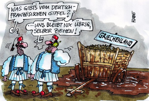 Cartoon: Zugpferde (medium) by RABE tagged griechenland,athen,euro,eurokrise,schuldenkrise,eu,brüssel,rettungsschirm,ezb,gipfeltreffen,deutschland,frankreich,merkel,kanzlerin,cdu,sarkozy,staatspräsident,griechenlandhilfe,aufstockung,eurobonds,banken,börse,finanzmarkt,gipfel,griechen,karre,pferdefuhrwerk,dreck,schlamm,schuldenschnitt,schuldenerlass,staatsbankrott,sonderkonto,börsianer,bankgeschäfte,griechenland,athen,euro,eurokrise,schuldenkrise,rettungsschirm,ezb,gipfeltreffen