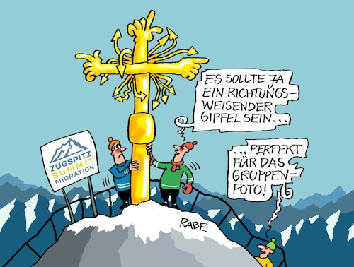 Cartoon: Zugspitz Summit (medium) by RABE tagged merz,union,kanzler,fritze,koalition,spd,klingbeil,bundesregierung,rabe,ralf,böhme,cartoon,karikatur,pressezeichnung,farbcartoon,tagescartoon,trump,putin,krisen,tv,nachrichten,dobrindt,zugspitze,gipfel,gipfelkreuz,gruppenfoto,migration,migrationsgipfel,eu,europa,grenzkontrolle,zurückweisung,abschiebung,merz,union,kanzler,fritze,koalition,spd,klingbeil,bundesregierung,rabe,ralf,böhme,cartoon,karikatur,pressezeichnung,farbcartoon,tagescartoon,trump,putin,krisen,tv,nachrichten,dobrindt,zugspitze,gipfel,gipfelkreuz,gruppenfoto,migration,migrationsgipfel,eu,europa,grenzkontrolle,zurückweisung,abschiebung