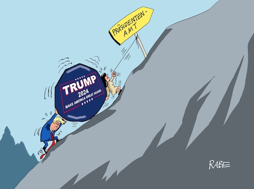 Cartoon: Zum Kugeln (medium) by RABE tagged trump,wahlkampf,usa,knast,gefängnis,fahndungsfoto,polizeifoto,haft,anklage,rabe,ralf,böhme,cartoon,karikatur,pressezeichnung,farbcartoon,tagescartoon,gitter,käfig,gitterkäfig,halterung,gefängnisgitter,haley,new,hampshire,präsidentenwahl,jo,biden,gegenkandidat,bergauf,berg,kugel,wegweiser,sysipus,republikaner,demokraten,trump,wahlkampf,usa,knast,gefängnis,fahndungsfoto,polizeifoto,haft,anklage,rabe,ralf,böhme,cartoon,karikatur,pressezeichnung,farbcartoon,tagescartoon,gitter,käfig,gitterkäfig,halterung,gefängnisgitter,haley,new,hampshire,präsidentenwahl,jo,biden,gegenkandidat,bergauf,berg,kugel,wegweiser,sysipus,republikaner,demokraten