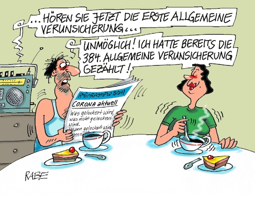 Cartoon: Zweite Allgemeine Verunsicherung (medium) by RABE tagged virus,corona,pandemie,coronakrise,rabe,ralf,böhme,cartoon,karikatur,pressezeichnung,farbcartoon,tagescartoon,viren,virenschutz,mundschutz,desinfektion,föderal,föderalismus,ländersache,lockerung,erste,allgemeine,verunsicherung,abstandsregeln,musik,pop,kofferradio,frühstücks,ehepaar,zeitung,presse,nachrichten,virus,corona,pandemie,coronakrise,rabe,ralf,böhme,cartoon,karikatur,pressezeichnung,farbcartoon,tagescartoon,viren,virenschutz,mundschutz,desinfektion,föderal,föderalismus,ländersache,lockerung,erste,allgemeine,verunsicherung,abstandsregeln,musik,pop,kofferradio,frühstücks,ehepaar,zeitung,presse,nachrichten