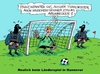 Cartoon: Abschreckung (small) by RABE tagged hannover,fußball,länderspiel,holland,niederlande,terroristen,anschlag,sicherheitsbeamte,polizei,polizeischutz,sprengstoff,islamisten,is,syrien,islam,rabe,ralf,böhme,cartoon,karikatur,pressezeichnung,farbcartoon,tagescartoon,torwart,nationalelf,netz,gegner