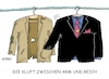 Cartoon: Arm Reich Kluft (small) by RABE tagged arm,reich,kluft,schere,unterschiede,betuchte,rabe,ralf,böhme,cartoon,karikatur,pressezeichnung,farbcartoon,tagescartoon,jacket,anzug,tasche,millionäre,kleiderbügel,sozialhilfe,einkommensschere,einkommen,einkommenskluft,deutschland,wohlstand,wohlhabende,einkommensschwache,familien