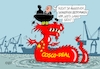 Cartoon: Cosco (small) by RABE tagged china,peking,cosco,scholz,deal,hamburg,hafen,containerterminal,staatsunternehmen,anteile,widerstand,rabe,ralf,böhme,cartoon,karikatur,pressezeichnung,farbcartoon,tagescartoon,drachen,schiff,ruderboot,containerhafen,containerschiffe,staatskonzern,beteiligung,einstieg,abhängigkeit,russland,gas,vorbehalte,kritik,tollerort,hhla