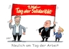 Cartoon: Festhalter (small) by RABE tagged mai,maifeiertag,maidemonstration,maidemo,transparent,kampftag,losung,cartoon,karikatur,pressezeichnung,farbcartoon,tagescartoon,habeck,scholz,lindner,stange,griff,stofftransparent,solidaarität,spd,grüne,fdb