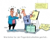 Cartoon: Fingerabdrücke (small) by RABE tagged ausländerbehörde,ausländer,flüchtlinge,fingerabdrücke,fingerabdrucknahme,registrierung,doppelregistrierung,rabe,ralf,böhme,cartoon,karikatur,pressezeichnung,farbcartoon,tagescartoon,pisel,farbe,stift,lupe,staffelei,attentäter,migranten