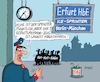 Cartoon: ICE Berlin München (small) by RABE tagged gebietsreform,thüringen,innenminister,poppenhäger,rücktritt,rabe,ralf,böhme,cartoon,karikatur,pressezeichnung,farbcartoon,tagescartoon,spd,hut,scherbenhaufen,scheitern,rot,grün,ice,strecke,berlin,münchen,einweihung,halt,erfurt,landesregierung,bahnsteig