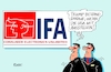 Cartoon: IFA (small) by RABE tagged berlin,trump,usa,funkausstellung,haarschnitt,logo,aussteller,messe,rabe,ralf,böhme,cartoon,karikatur,pressezeichnung,farbcartoon,tagescartoon,messehalle,funkturm,hauptstadt,publikum,besucher,donald,merkel,wahlkampf