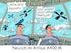 Cartoon: Lose Propeller (small) by RABE tagged bundeswehr,luftwaffe,akk,verteidigungsministerin,armee,soldaten,luftwaffeneinsatz,airbus,rabe,ralf,böhme,cartoon,karikatur,pressezeichnung,farbcartoon,tagescartoon,propeller,schäden,drohnen,verteidigung,transportflieger,piloten,pilotenkanzel