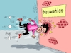 Cartoon: Neuwahlen II (small) by RABE tagged merz,groko,spd,union,posten,postenvergabe,rabe,ralf,böhme,cartoon,karikatur,pressezeichnung,farbcartoon,tagescartoon,schaufenster,deko,umbau,laden,ladenhüter,regierungsbildung,sahra,wagenknecht,bsw,klage,urteil,neuwahlen,bvg,mauer,kopfschmerz