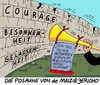 Cartoon: Posaunist (small) by RABE tagged innenminister,bundesinnenminister,posaune,jericho,mauer,ängste,bevölkerung,is,terroristen,weihnachtsmärkte,anschlagserie,paris,rabe,ralf,böhme,cartoon,karikatur,pressezeichnung,farbcartoon,tagescartoon,courage,gelassenheit,besonnenheit,einsturz,verunsiche