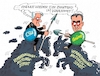 Cartoon: Schlachtrösser (small) by RABE tagged schlachtrösser,dieselskandal,verbrennungsmotoren,elektroautos,csu,horst,seehofer,grüne,özdemir,rabe,ralf,böhme,cartoon,karikatur,pressezeichnung,farbcartoon,tagescartoon,qualm,wahlkampfthema,zugpferde,lanzen,speer,schild,reiter