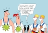 Cartoon: Synchrones (small) by RABE tagged olympiade,sport,tokio,japan,sportler,olympiafeuer,feuer,flamme,rabe,ralf,böhme,cartoon,karikatur,pressezeichnung,farbcartoon,tagescartoon,fechter,säbel,degen,florett,spieß,corona,virus,deltavirus,synchron,synchronsport,synchronspringen,wasserspringer,medaillen,bronze,bronzemedaille