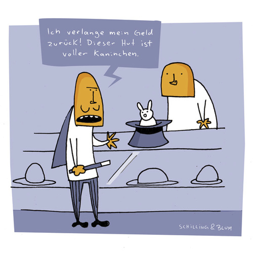 Cartoon: Reklamation (medium) by Schilling  Blum tagged zauberer,kaninchen,geschäft,reklamation,hut,zylinder