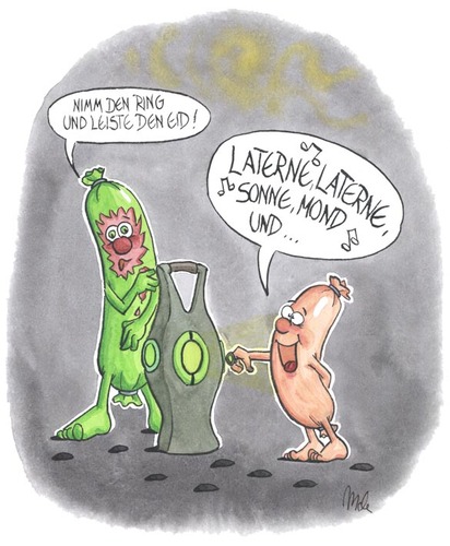 Cartoon: Die Wurst im Film (medium) by mele tagged green,lantern,grüne,leuchte,wurst,laterne