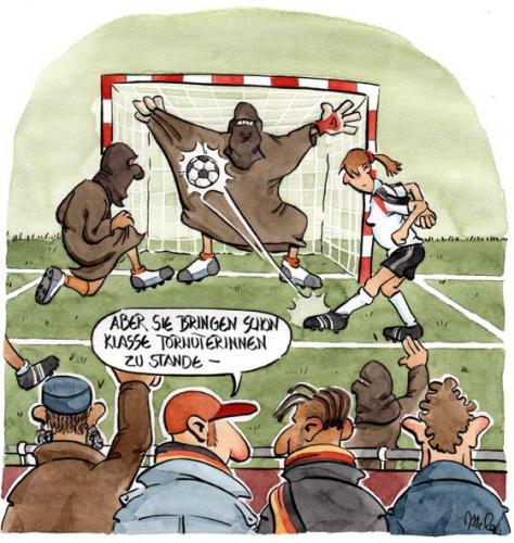 Cartoon: Frauenfußball (medium) by mele tagged fussball,fussball,frauen,verhüllt,islam,burka,schleier,torschütze,torhüter