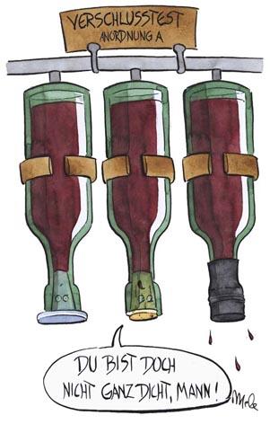 Cartoon: Korkentest (medium) by mele tagged wein,korken,alkohol,wein,korken,alkohol,test,dicht,undicht,leck,verschluss