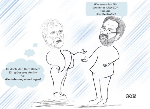 Cartoon: ARD ZDF - Fusion (medium) by menschenskindergarten tagged ard,zdf,fusion,seehofer,müllerklaus,verbraucherzentrale