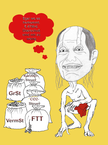 Cartoon: Gollum Scholz (medium) by menschenskindergarten tagged grundsteuer,finanzmarkttransaktionssteuer,vermögenssteuer,co2,steuer,kerosinsteuer,spd,scholz,tschentscher,öpnv,hamburg