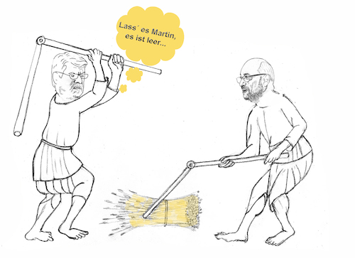 Cartoon: Vorwärts zurück zum Dreschflegel (medium) by menschenskindergarten tagged spd,schulz,wahlprogramm,strohdreschen